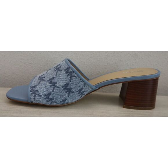 Michael Kors PV24K Women Sz 11M Blue Denim Logo Print Heeled Slides Sandals - Picture 5 of 10